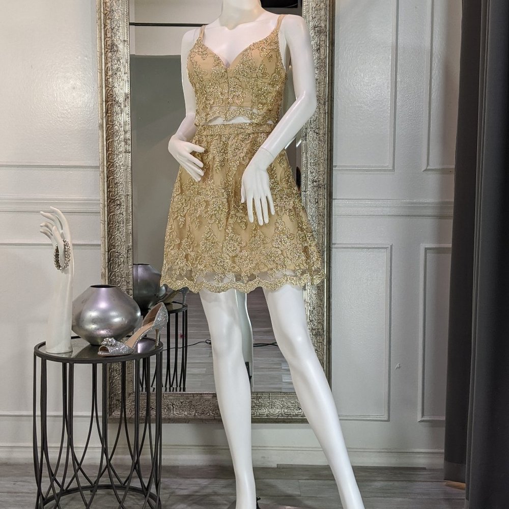 Gold Two Piece Short Cocktail Homecoming Formal Dress